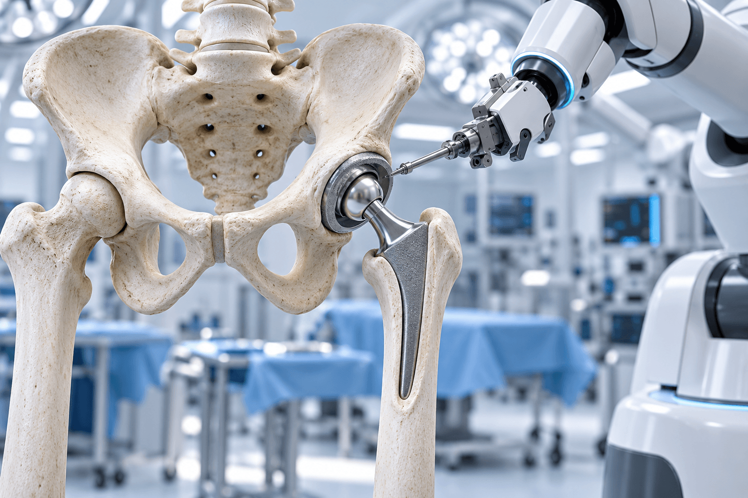 Conceptual illustration of robotic guidance beside a hip replacement model