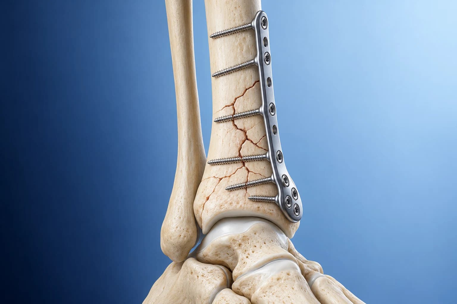 Illustration of a fragmented distal tibial fracture supported by a fixation plate and screws