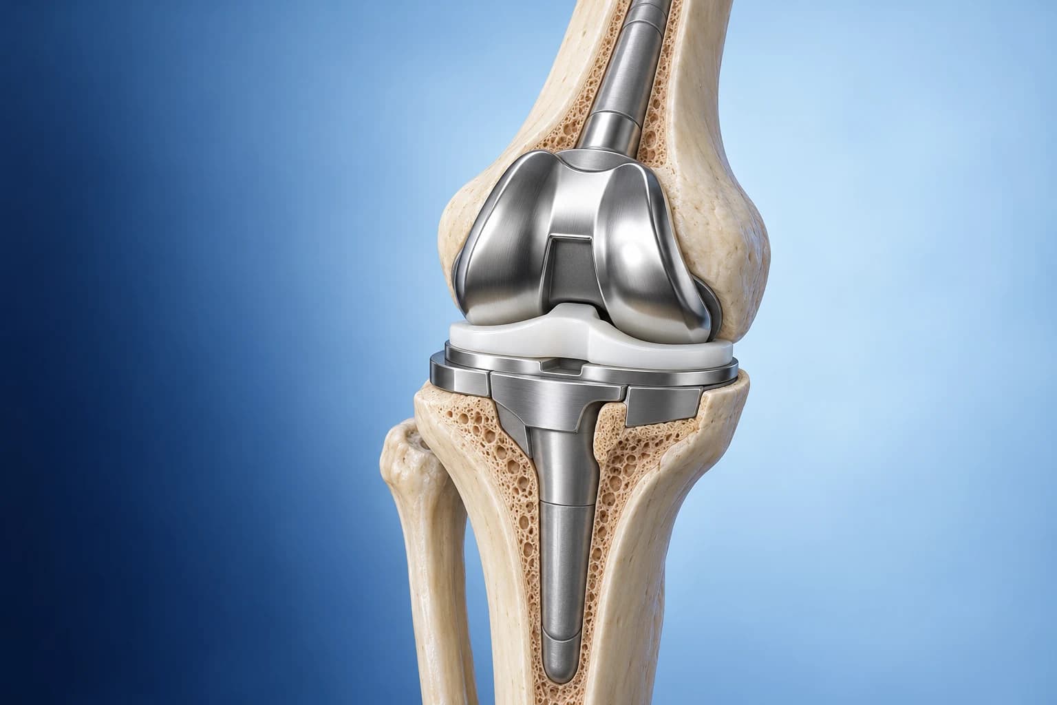 Illustration of a revision knee implant with femoral and tibial extension stems