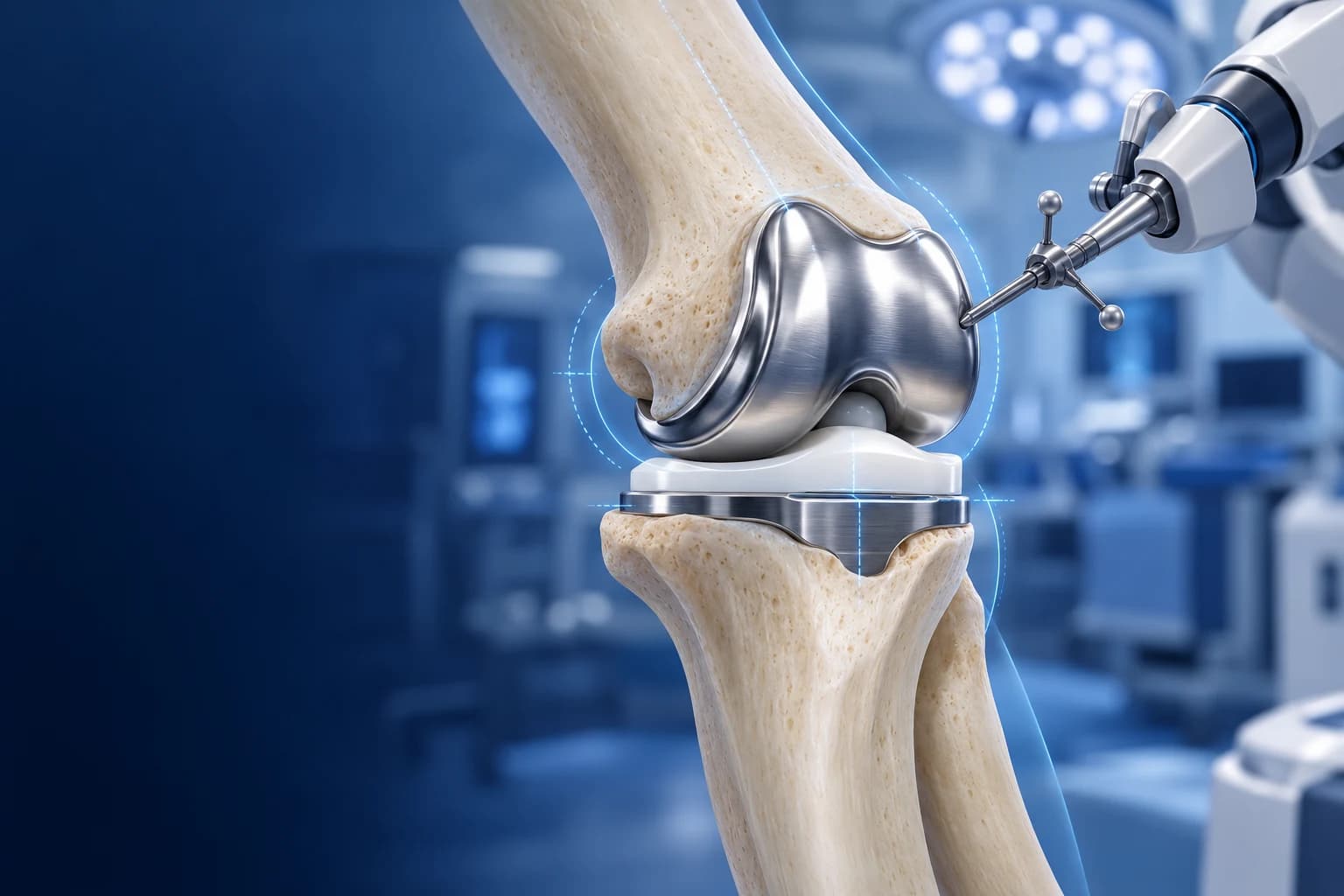 Conceptual medical illustration of a knee replacement implant with a robotic surgical guidance arm